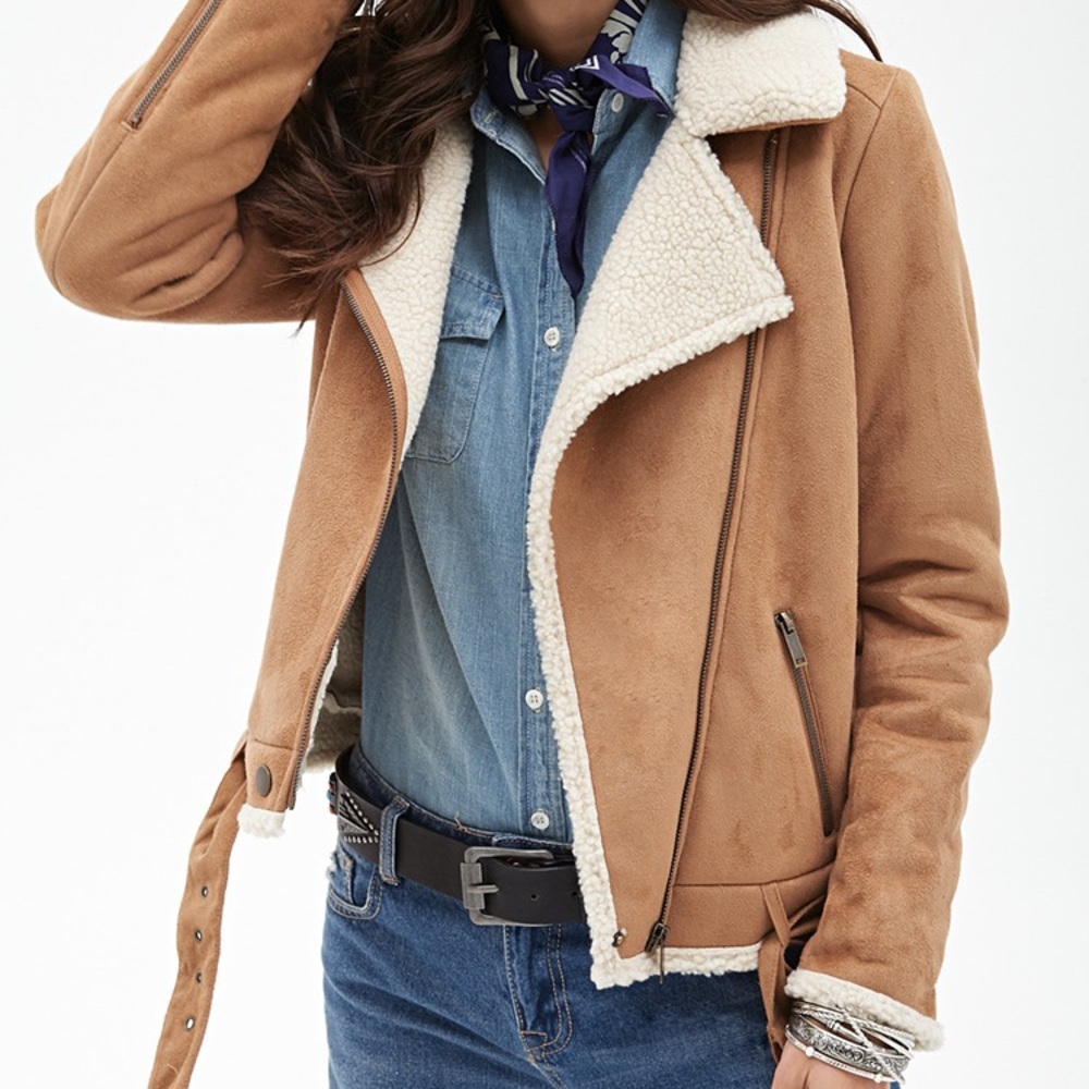 Tan faux fur shearling lining suede moto jacket